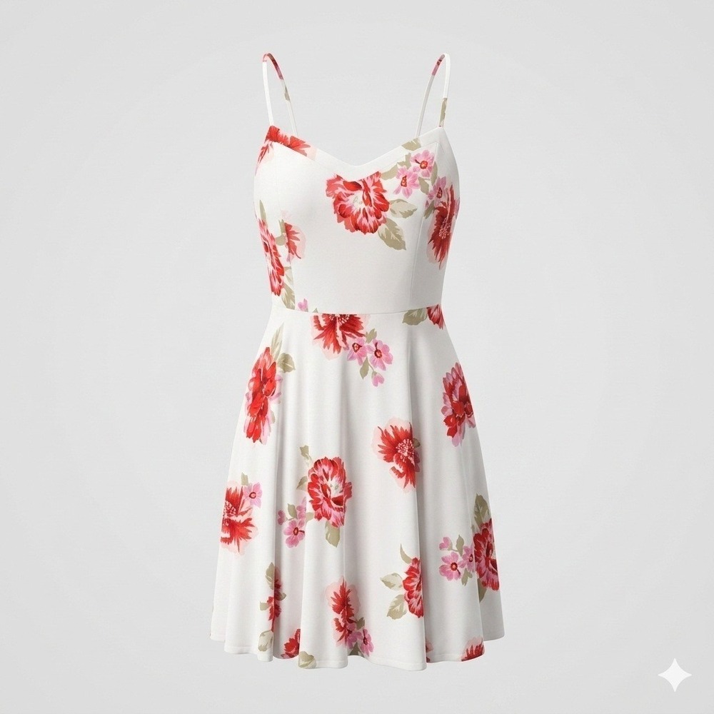 Old Navy White Red Floral Rayon Fit Flare Cami Dress Medium Sun Dress Romantic